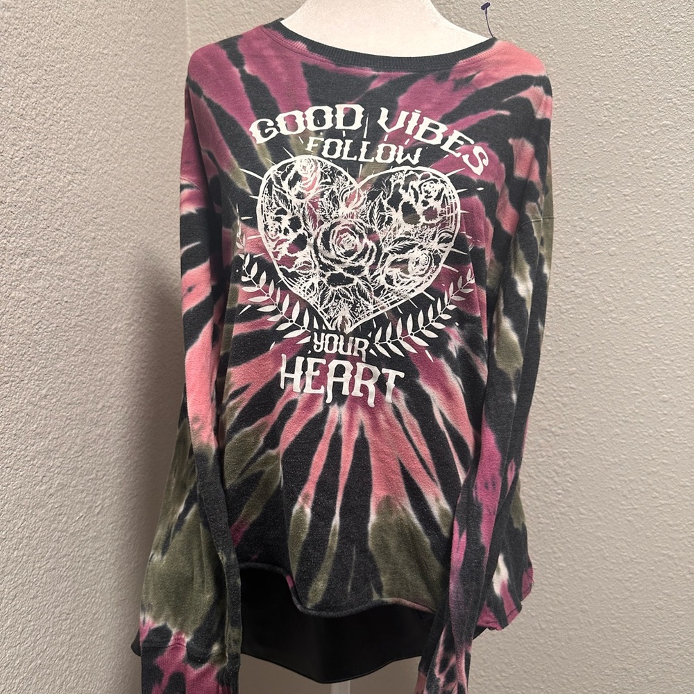 No Boundaries Tie-Dye Long Sleeve Top - Pink, Black, Green with a nice graphic